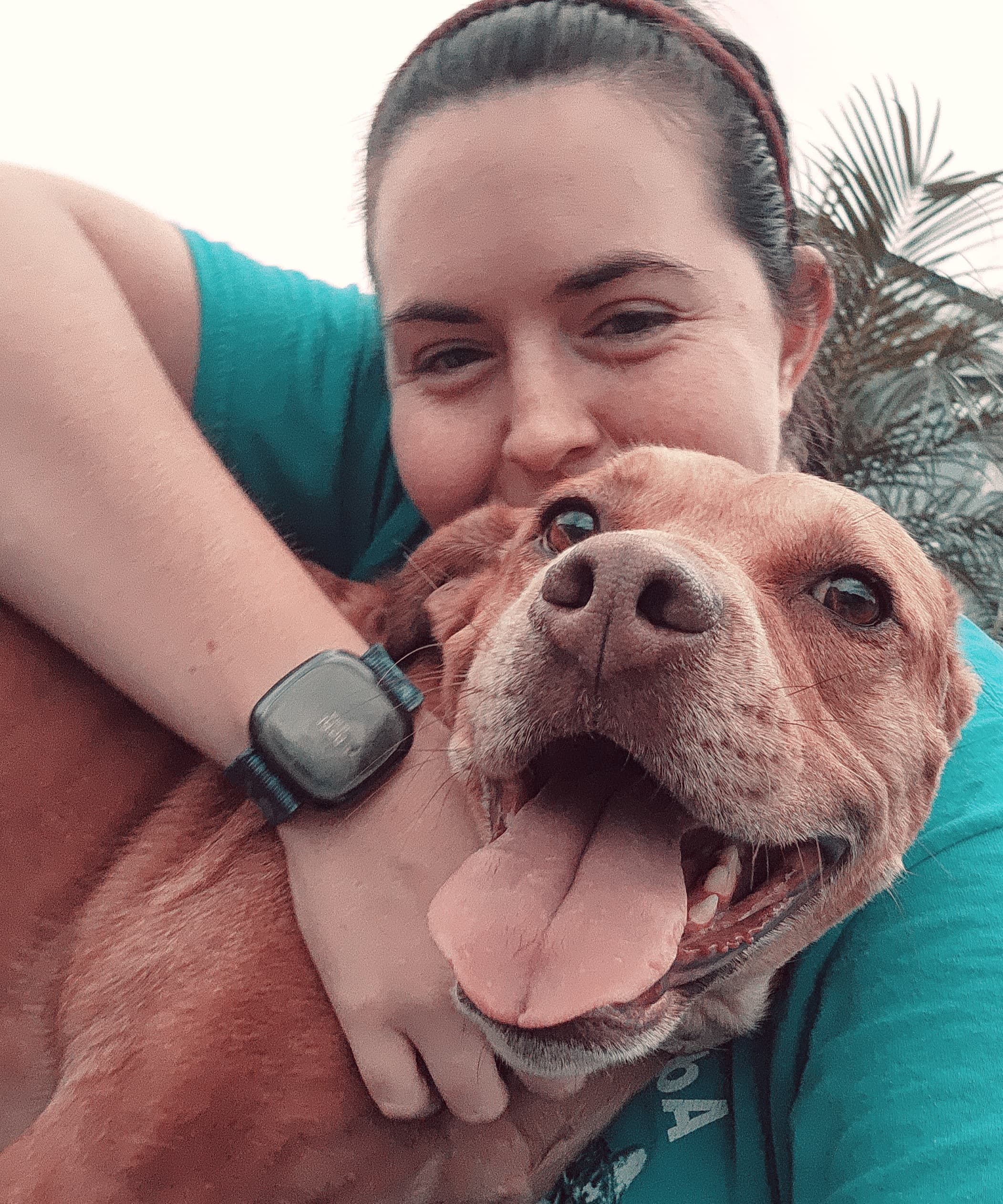 View of a dog and face and arm of employee Anna