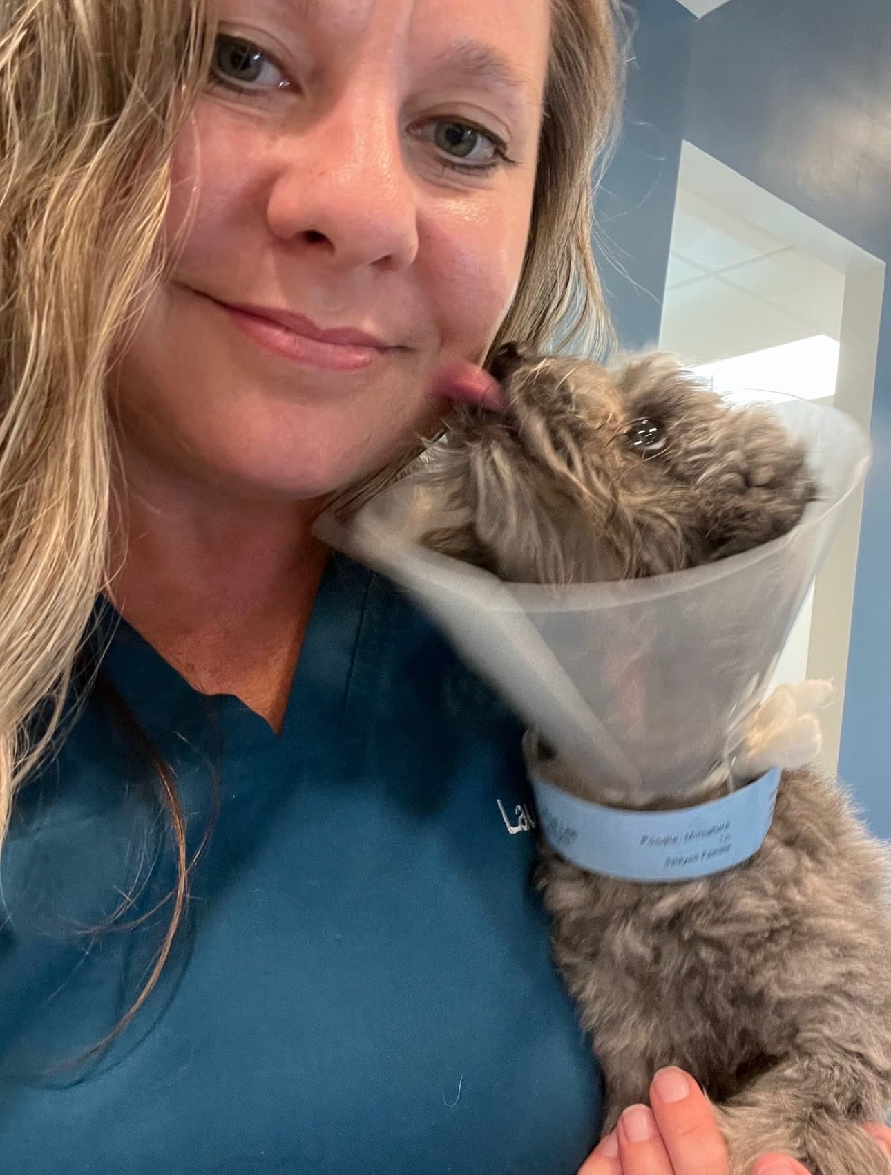 picture of laura with a small dog wearing an elizabethan collar